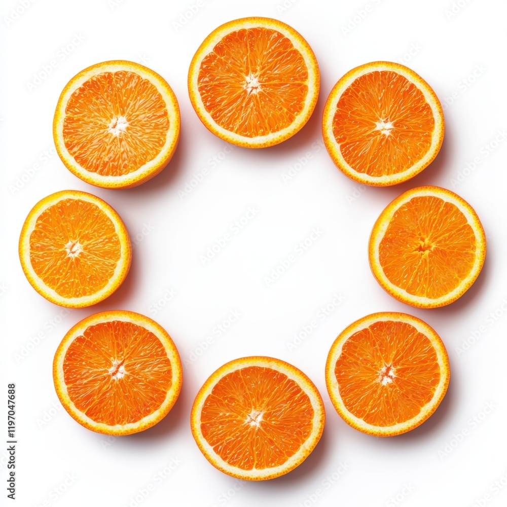 Poster fresh orange slices arranged in a circular pattern on white background