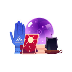 Magical vector elements for oracle: crystal ball, tarot cards, hamsa hand amulet and black candle