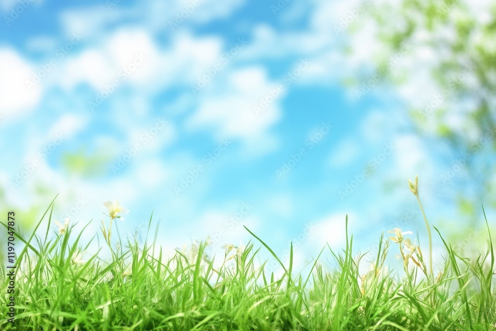 Poster Bright and vibrant grass landscape under a clear sky with ample space for text and creativity. Generative AI