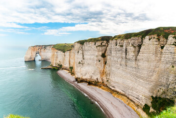 Beautiful seaside landscape of cliffs on the Normandy coast in France, Etretat.