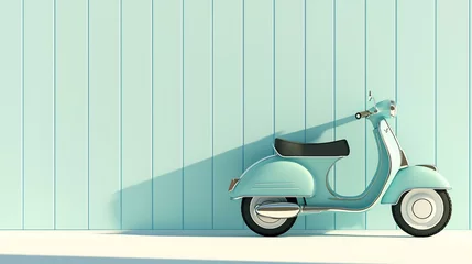 Fototapete Rund Light blue vintage scooter against pastel green wood wall. © loxia stock image