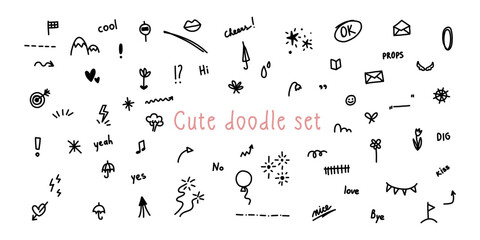 Cute pencil crayon doodle set with different elements. Target, lips, flower, arrow minimalist style. Ideal for graphic design.