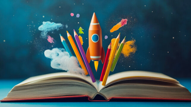 Open book where colored pencils and rocket come out, imagination