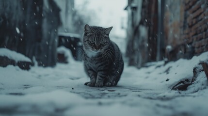 Homeless stray sad cat sits in the snow on the street. Cat freezes outside in winter.