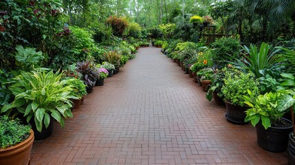 Brick path between potted plants in a lush garden
