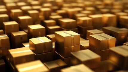 Golden Boxes Stacked in a Warehouse Environment