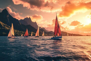 Sailing yachts compete at sunset near a breathtaking island landscape