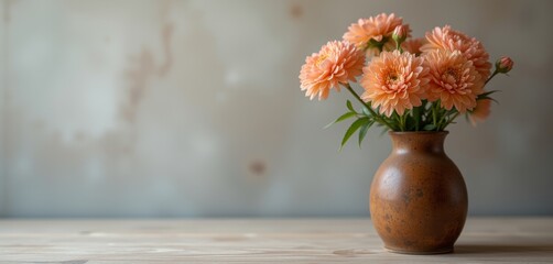 Rustic bouquet of orange flowers in a ceramic vase.
