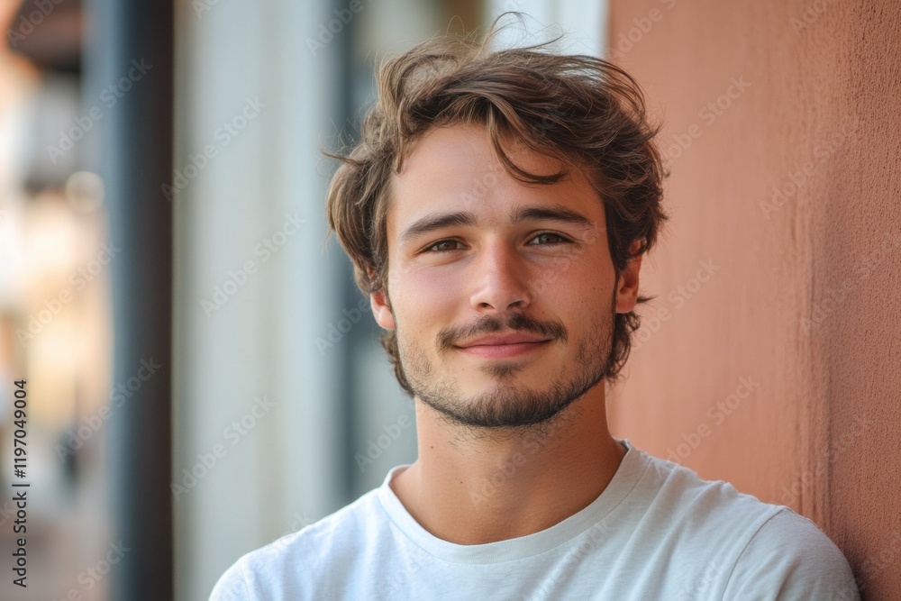 Poster portrait of a young man smiling warmly in a casual white t shirt against a textured wall with enough