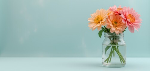 Fototapeta premium Peach and pink flowers in a jar on pastel blue backdrop