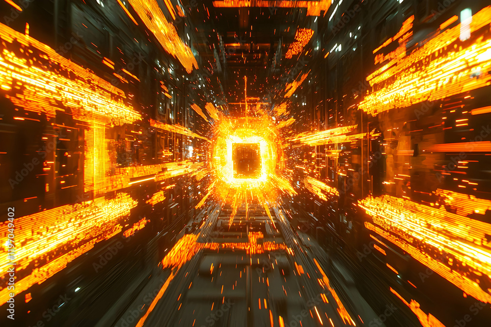 Poster abstract digital tunnel of glowing orange data streams, futuristic technology background, high-speed