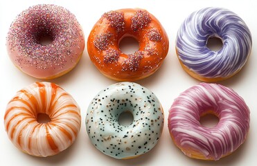 Colorful and Vibrant Donuts Displayed on a White Background, Showcasing Varied Flavors and Toppings for a Perfect Sweet Treat Experience