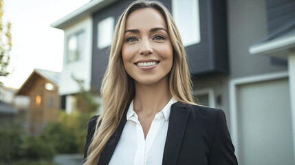 Fototapeta premium Real estate agent smiling near modern house entrance. Property sales and business