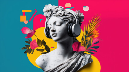 Classical marble bust with headphones and tropical flowers. Modern music and lifestyle design