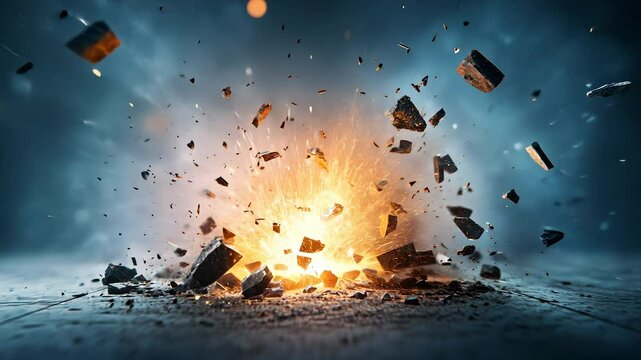 Stone wall with broken piece of stone. Explosion, destruction, wall, fire, fragments, stones, , concrete. Fragments of stone and concrete in. Fragments of fire exploding through lifestyle building.