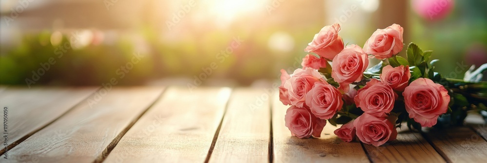 Fototapete pink roses on wooden table with soft lighting creating a serene atmosphere for text placement. gener