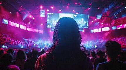 Silhouette of a woman in an esports stadium illuminated by colorful lights and LED screens, with a crowd of fans and a dynamic atmosphere. Perfect for competitive gaming and digital culture themes.