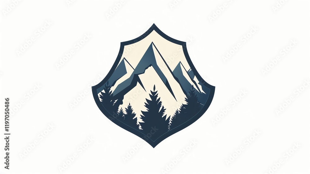 Poster a stylized mountain range with a forest in front of it inside a shield.
