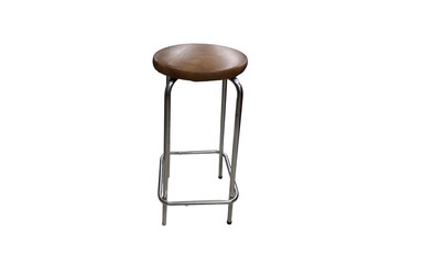 A bar stool with a round wooden seat and a chrome metal frame against white background
