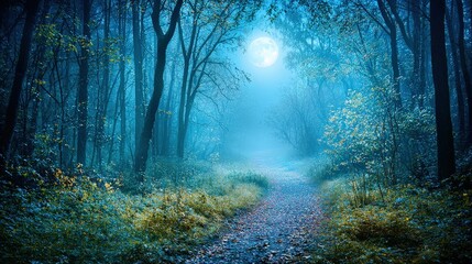 Fototapeta premium Moonlit forest pathway glowing under a full moon, surrounded by lush trees and ethereal blue light, creating a serene and mystical atmosphere. Perfect for dreamlike and enchanting themes.
