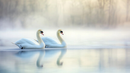 Frozen Lake with Swans in Serene Forest at Dawn