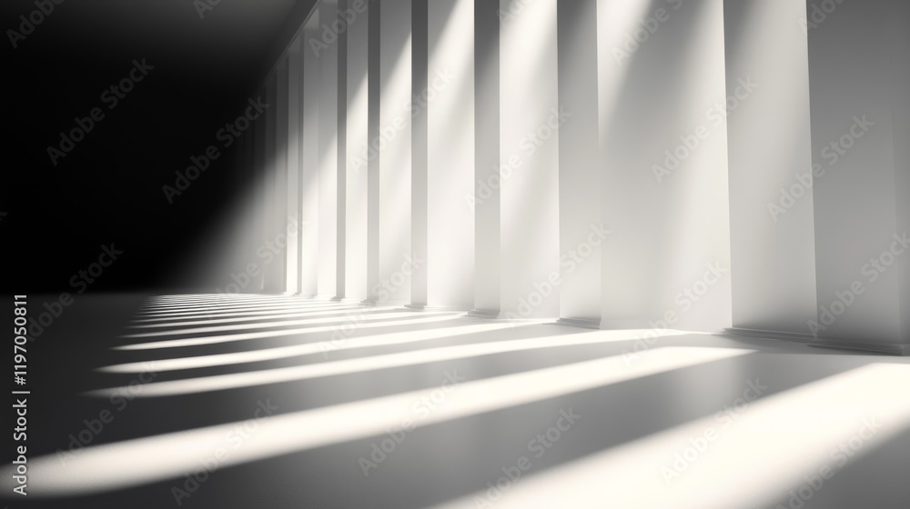 Poster modern architecture white hallway with columns, line patterns from sunlight and shadows
