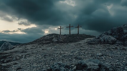 Three wooden crosses on a rocky hill under a stormy, overcast sky, surrounded by dramatic clouds, symbolizing solitude and spiritual reflection. Perfect for somber and symbolic themes.