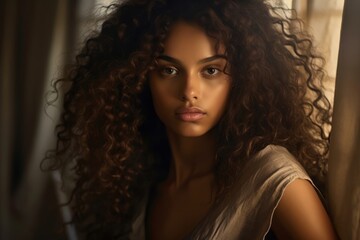 Fototapeta premium Beautiful brunette model girl with long curly hair. Hairstyle wavy curls. Fashion, beauty and makeup portrait. Dark skin.