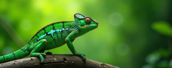 Sleek green panther chameleon perched on tree branch, tree, vibrant scales