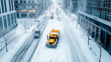 Fototapeta premium Snow Removal Equipment in Urban Streets Aerial View