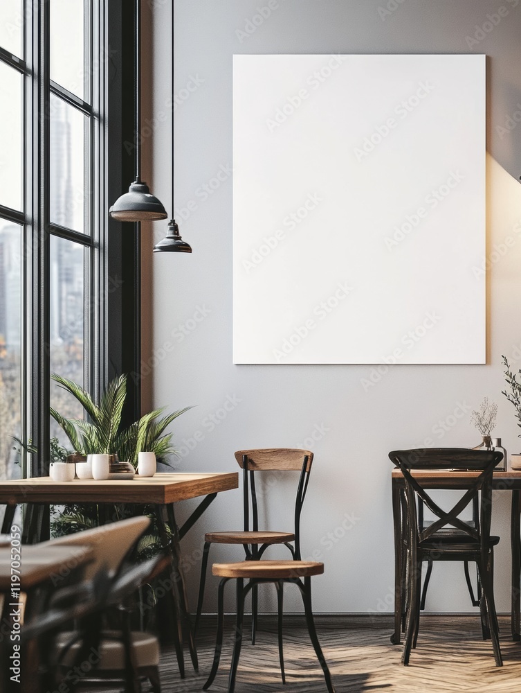 Poster cozy cafe interior with empty space for text on the wall during daylight hours. generative ai