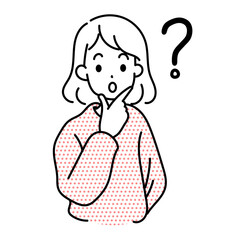 Minimalist duotone illustration of a curious girl in a polka-dot sweater with a question mark. Simple kawaii style vector, perfect for educational or problem-solving concepts.