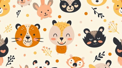 A cute seamless pattern with animal faces and floral elements on a beige background.