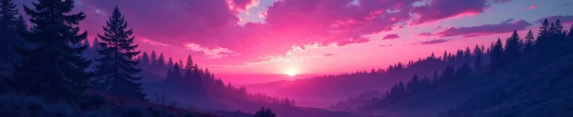 Fototapeten Soft pink aurora borealis glows behind a serene forest landscape at sunset , borealis, aurora © sutassanee