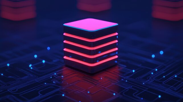 A futuristic, glowing data stack is set against a dark, circuit-like background, emphasizing technology and digital innovation.