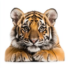 Obraz premium Adorable Tiger Cub with Striking Eyes Posing on White Background