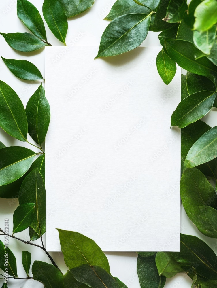 Aufkleber blank paper surrounded by fresh green leaves, perfect for creative design and customization in natur