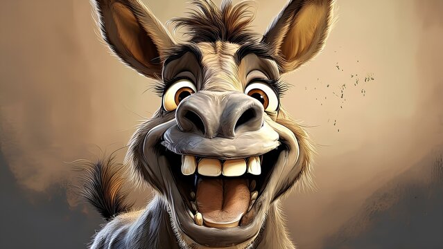 A playful cartoon donkey head with an open mouth and flashing teeth conveys a sense of humor and joy. Its quirky expression brings a smile to your face, embodying charisma in cartoon art.