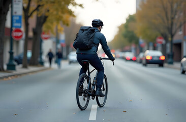 Man Riding Bicycle to Work on Urban Street. A man wearing a dark jacket, helmet, and backpack rides a bicycle down an urban street lined with trees and cars during his commute to work.