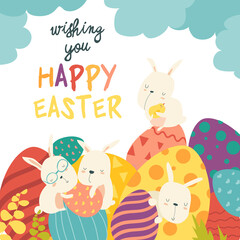 Easter bunnies and easter eggs. Vector illustration