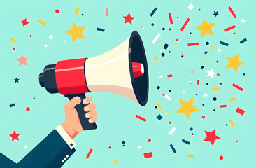 Employee Appreciation Day Celebration Illustration. A vibrant illustration featuring a hand holding a red and white megaphone with colorful confetti and stars on a light teal background