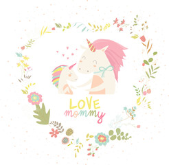Cute Small Unicorn with Mom. Vector Illustration.