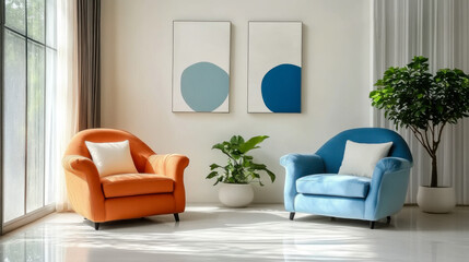 Fototapeta premium Minimalist and modern living room with vibrant colorful multicolored blue and orange armchairs