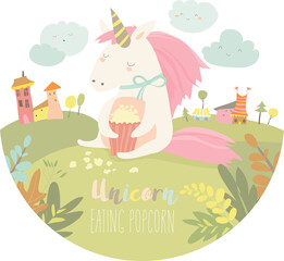 Little cute unicorn eating popcorn. Vector ilustration
