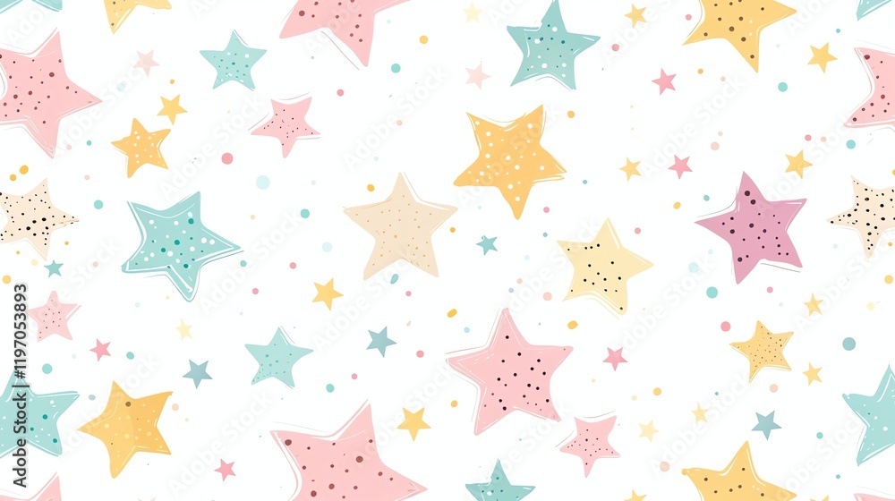 Poster a seamless pattern with colorful stars and polka dots on a white background.