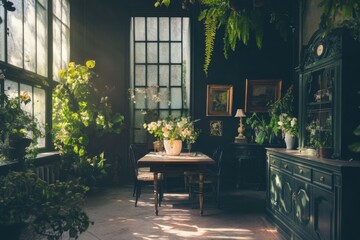 Obraz premium Natural light fills a cozy indoor space with plants and flowers