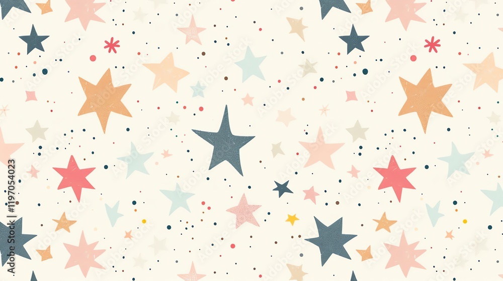 Poster a seamless pattern with colorful stars and polka dots on a cream background.