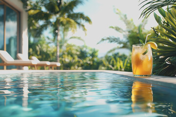 Refreshing glass of orange juice on the edge of a vibrant swimming pool surrounded by sunny tropical landscape in a relaxing summer atmosphere for leisure and enjoyment 180 characters