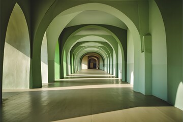 Naklejka premium Serene Green Archway Corridor Peaceful Tranquil Architecture Interior Design Elegant Subtle Light Green Walls Modern Building Abstract Perspective Symmetry Calming Atmosphere Soft Lighting Minimalist 