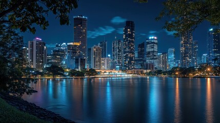 Fototapeta premium A City skyline illuminated at night, capturing fine textures and vivid realism